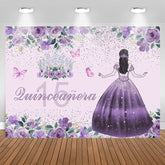 Aperturee - Purple Floral Quinceanera 15th Birthday Backdrop